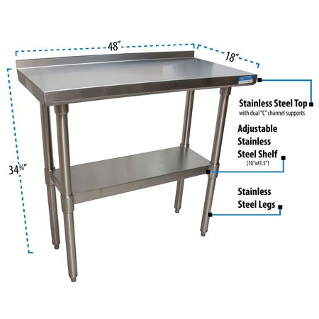 Bk Resources Work Table Stainless Steel Undershelf, Plastic feet 1.5" Riser 48"x18" SVTR-1848